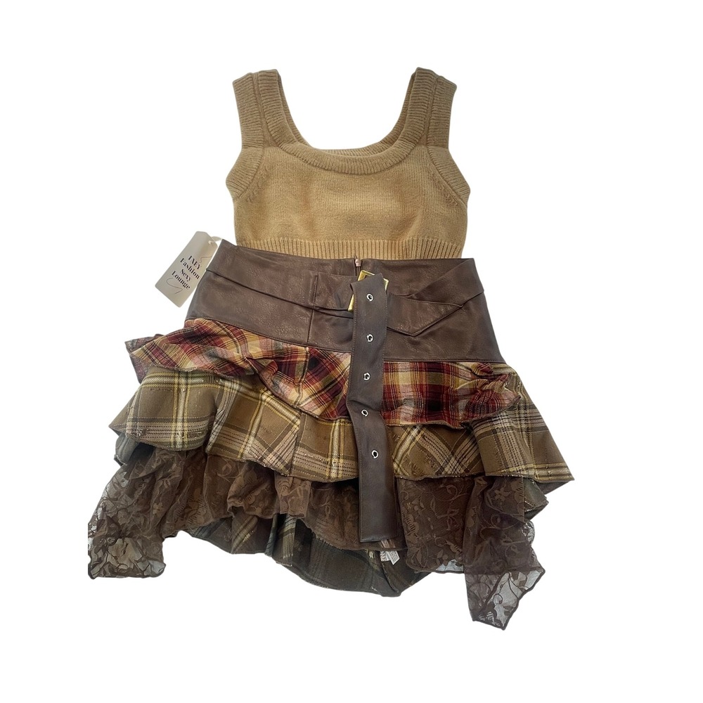 Plaid Tiered Ruffle Skirt Brown Lace Faux Leather Trim Mini Punk Grunge Med 3Set - Picture 4 of 8
